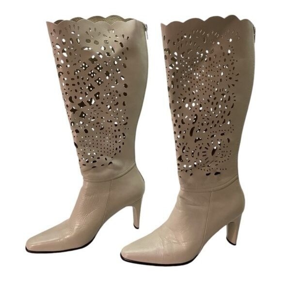 Bellini white leather laser cut tall heeled boots Women's Size 6.5 M‎ - Picture 1 of 9